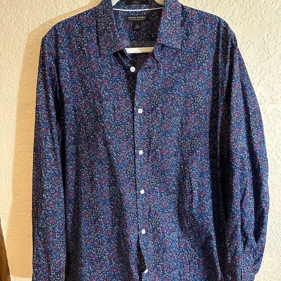 Banana‎ Republic Slim Non-Iron Blue Pink Mini Florals  Men's Long Sleeve Shirt L - Picture 3 of 7